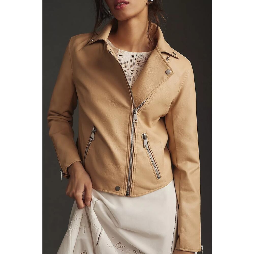 Anthropologie Faux Leather Moto Biker Jacket Sand - M - Picture 3 of 4